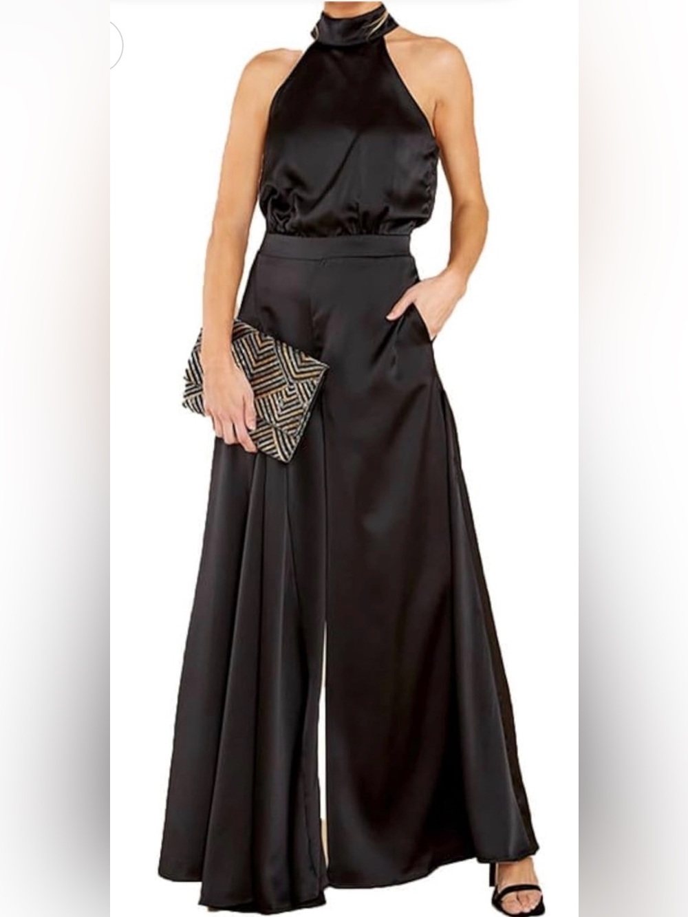 Women’s Black Satin Halter Tie-Neck Wide-Leg Jumpsuit w/ Pockets Size L